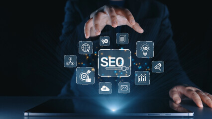 SEO concept for improving SEO visibility, with SEO related digital tools and SEO performance icons shown in an focused layout for strategic marketing. Elide