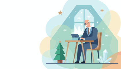 Senior businessman working remotely on a tablet during the cozy winter holiday season