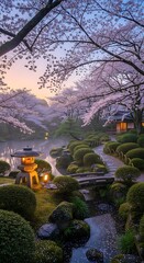 Serene Japanese Garden with Cherry Blossoms and Stone Lantern.