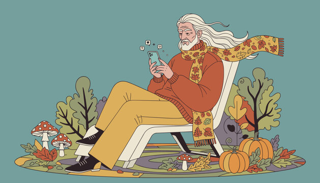 Stylish elderly man uses smartphone for social media while relaxing in an autumnal outdoor setting