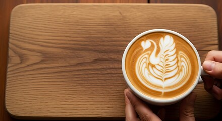 Latte art swan in white cup on wooden board and hand support