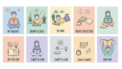 Set of icons for selfcare mental wellness reading journaling goal setting and personal reflection activities