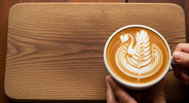 Latte art swan in white cup on wooden board and hand support