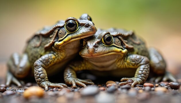 Two toads mate on small stones in natural environment. Male toad on female amphibian during reproduction. Close up shows textured brown skin, big golden eyes. Spring wildlife mating season for wild