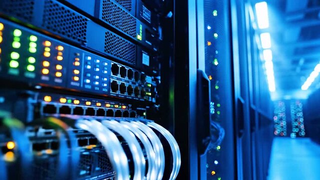 Server room with blinking lights, network cables, and rows of data storage. Blue and neon