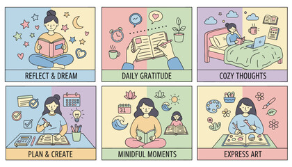 Selfcare routines reading journaling planning and art Pastel illustration set