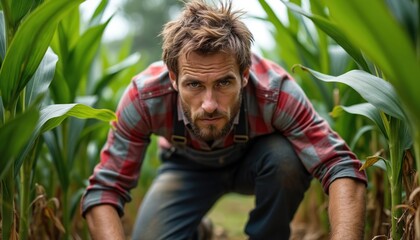 Man inspects corn crop in field. Farmer checks plants for bugs, monitors growth for better harvest. Rural agriculture work, natural farming.