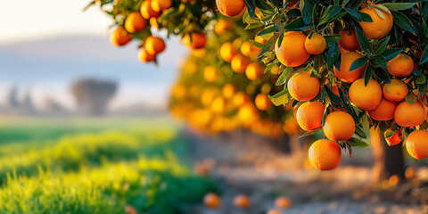 Lush orange grove with ripe oranges hanging from branches, bathed in warm sunlight, showcasing vibrant colors and natural beauty in a serene agricultural landscape