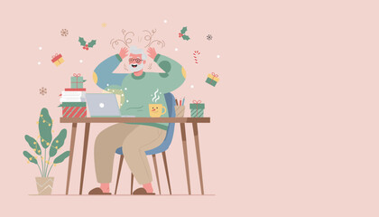 Overwhelmed senior working on holiday tasks with gifts and laptop