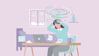 Overwhelmed remote worker with spinning head experiencing stress burnout and mental pressure