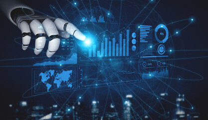 A robotic hand engages with virtual data displays, highlighting modern analytics and technology. The image represents the future of data interaction and insights. Scalp