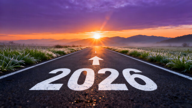 The Road Ahead: Highway to 2026 with Sunrise and Motivational Arrow