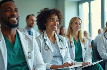 Diverse group of medical professionals attend a hospital seminar. Doctors listen attentively in a lecture hall. Healthcare workers engage in learning and pro development for improved patient care.