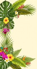 Tropical Floral Frame - Vibrant Hibiscus and Lush Greenery for Summer Designs.