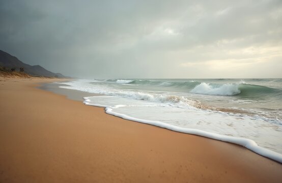 Waves break on an empty sea beach under a gray cloudy sky. The brown sand meets the green ocean water. Distant hills line the tranquil, wild coastline. A peaceful nature scene outdoors.