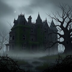 Eerie Mansion in the Mist - A Hauntingly Beautiful Scene.