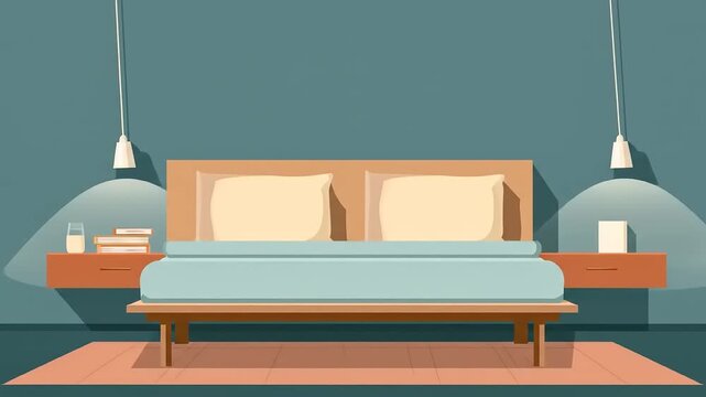 Illustrated bedroom interior design, featuring a bed with pillows and a blue duvet, flanked by floating nightstands holding books, a glass of milk, and a lamp, showcasing a simple modern and stylish - Powered by Adobe