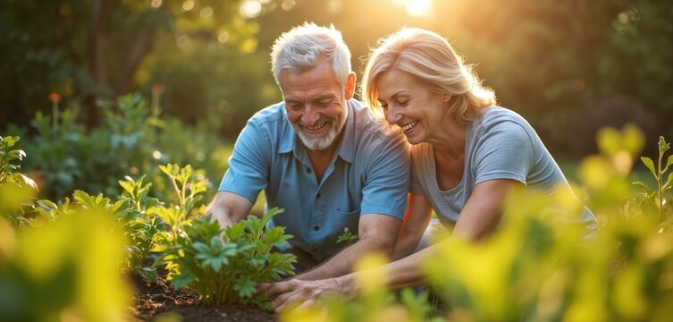 Happy elderly couple gardens in warm sunset light. Man, woman plant green seedlings together. Smile, enjoy leisure time outdoors, tending to backyard plants. Seniors actively work, share hobby, find