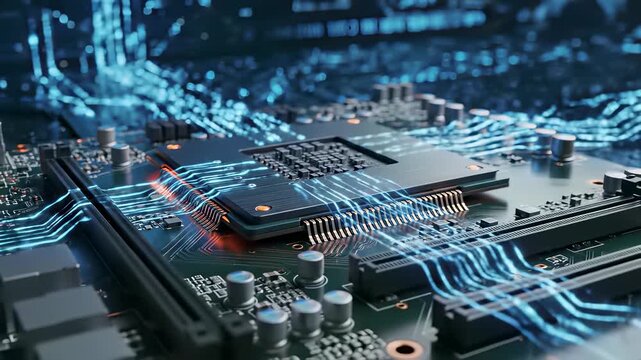 Computer motherboard showcasing intricate electronic components, highlighting the importance of processors in modern society, perfect for backgrounds or advertisements highlighting technological.