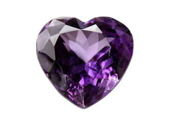 Faceted heart-shaped amethyst gem, deep purple hue
