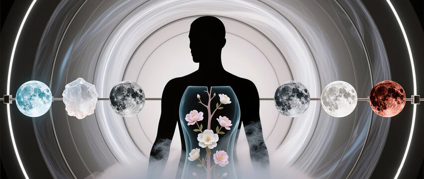 Silhouette with blooming flowers and moon phases, symbolizing harmony, emotional cycles and connection between human nature and cosmos.