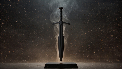 Sword standing in misty glowing atmosphere, elegant surreal symbol of power, honor and heroic mysticism, perfect for conceptual art.