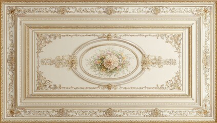Ornate ceiling design with intricate golden trim and floral motif.