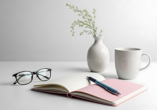 Minimalist desk setup with open notebook glasses and coffee mug