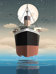 illustration design of an old cruise ship on  ocean background