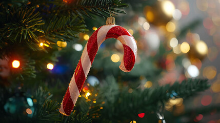 candy cane hanging from a lush green Christmas tree branch