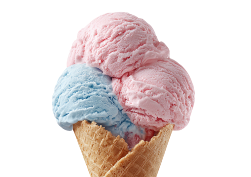 Three scoops of colorful ice cream in a waffle cone