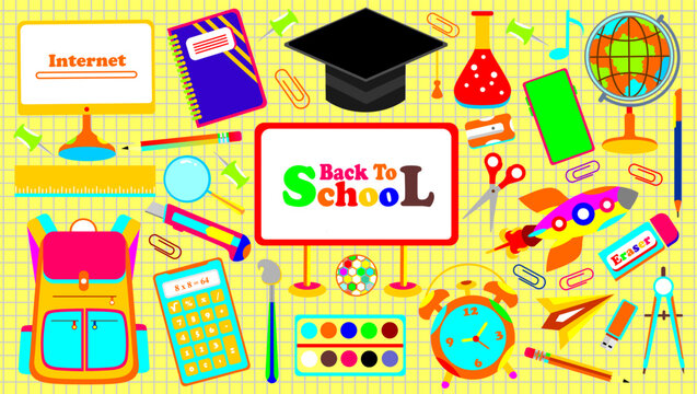 School themed set elements. School stationery stickers. Set of education icons. Collection of education school icons. Back to school clipart. Student supplies colorful icons set for banner.