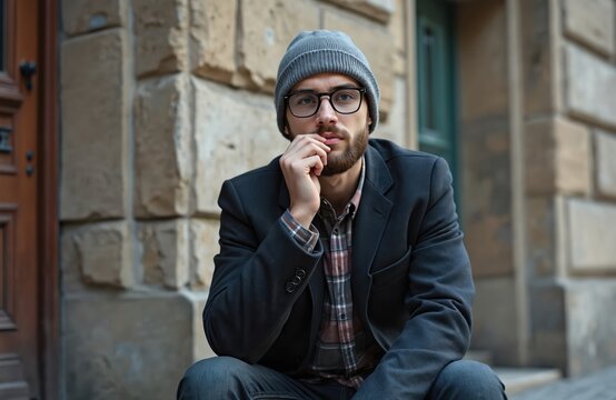Young man with glasses and beard wears beanie and blazer. He sits on steps outside building, looking thoughtful and relaxed. Hipster style, urban winter fashion. - Powered by Adobe