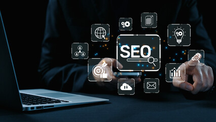 SEO concept for improving SEO visibility, with SEO related digital tools and SEO performance icons shown in an focused layout for strategic marketing. Elide