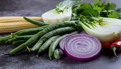 Vibrant Fresh Asian Stir Fry Ingredients Displayed on Dark Background Close Up View