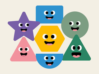 An engaging and playful digital artwork featuring colorful geometric shapes with cheerful faces, designed to evoke joy and creativity among children and adults alike.