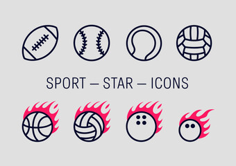 Fototapeta premium A variety of sports icons are showcased, each featuring dynamic flames, representing energy and enthusiasm, perfect for any project focused on athletics and competition.