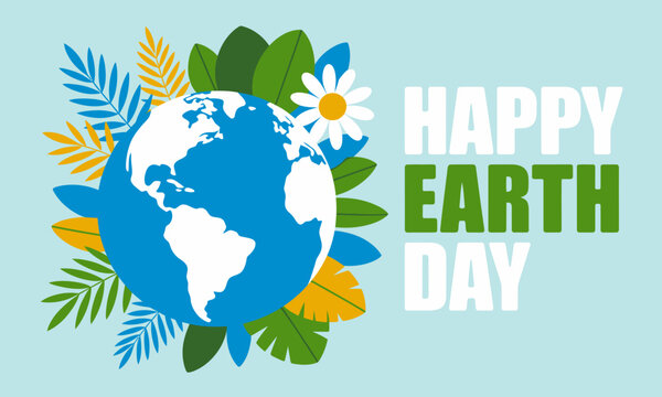 This cheerful illustration celebrates Earth Day with a vibrant globe surrounded by lush foliage and flowers, promoting appreciation for our planet and environmental awareness enthusiastically. - Powered by Adobe