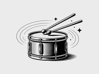 A classic snare drum is featured with two drumsticks poised above, showcasing a dynamic design ideal for music lovers and those who appreciate rhythmic expression.