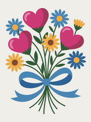This vibrant illustration features a bouquet of colorful flowers entwined with hearts and a blue bow, symbolizing love, celebration, and affection for special occasions.