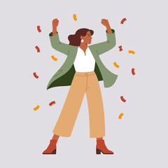 A joyful woman celebrates her achievements with confetti surrounding her, representing triumph, empowerment, and confidence in a professional setting.