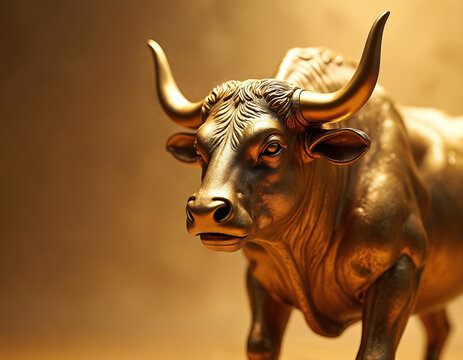 Shiny golden bull statue stands against warm gold background. Detailed sculpture wealth, finance, market strength, economic growth. Represents business success, prosperity, powerful investment.