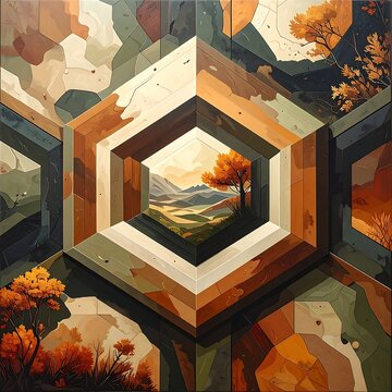 Hexagonal wood and landscape mosaic, autumnal scene, natural colors