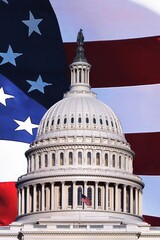Close up of the US capitol dome with US flag backdrop