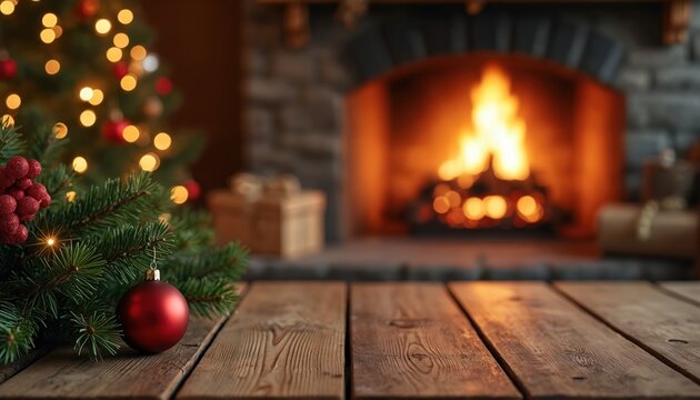 Empty wooden table before warm fireplace and decorated Christmas tree. Cozy winter holiday scene with gifts in background. Festive mood, perfect for seasonal ads.