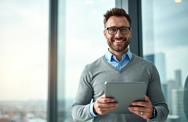 Man holds tablet looks at cam near window. Businessman uses digital gadget and smiles indoors. Person works in office. Happy worker uses tech for business app.