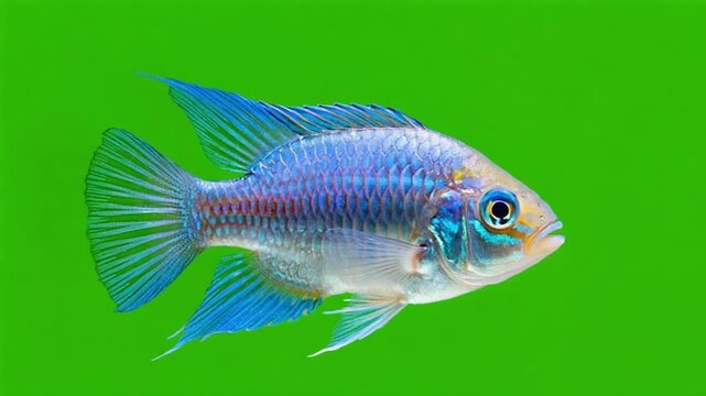 A single blue ram cichlid fish swimming in front of a solid green colored background close up view green screen fish video