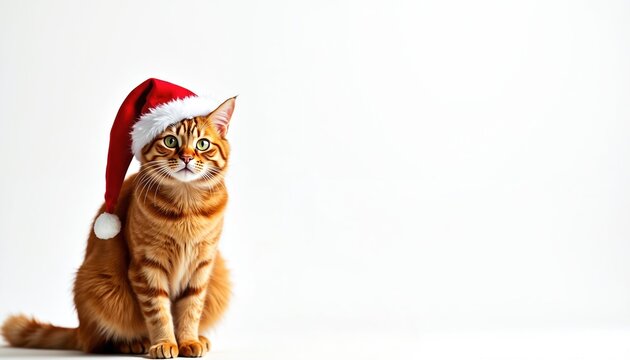 Orange tabby cat wears a red Santa hat with white trim. The domestic pet sits on a white background, looking attentively towards the camera, ready for holiday celebrations.