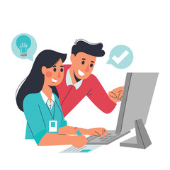 Illustration of Coworkers Collaborating at Computer