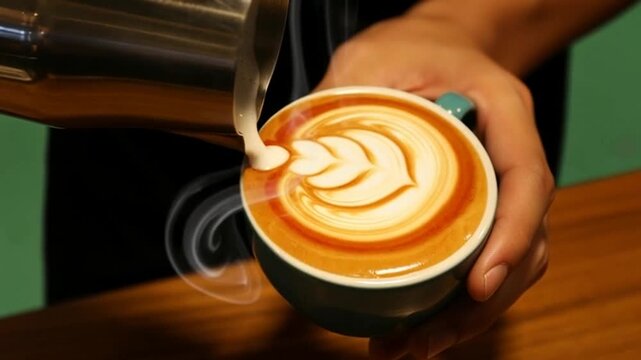 A barista skillfully pouring steamed milk into a teal cup, creating beautiful latte art with a leaf design on a wooden counter.
